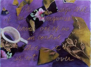black and white digital photograph hand-colored with pastels, showing broken pieces of old vase and hand-written text in gold