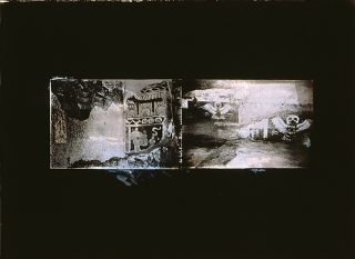 Black and white photos of painted Mexican art on ruinous building
